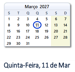 11 Março 2027 calendario