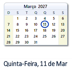 11 Março 2027 calendario