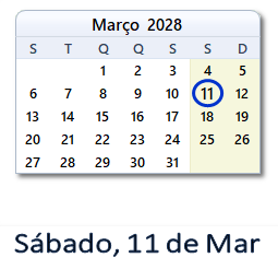 11 Março 2028 calendario