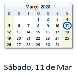 11 Março 2028 calendario