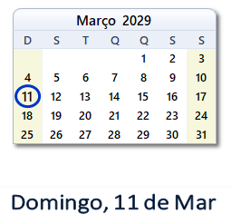 11 Março 2029 calendario
