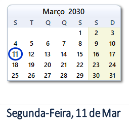 11 Março 2030 calendario