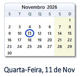 11 Novembro 2026 calendario