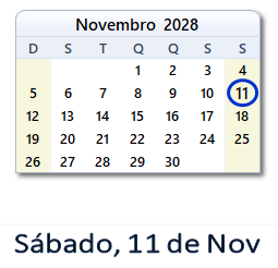 11 Novembro 2028 calendario