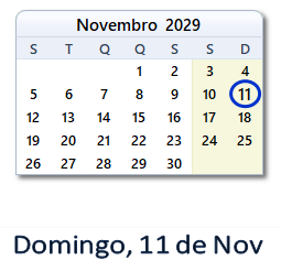 11 Novembro 2029 calendario