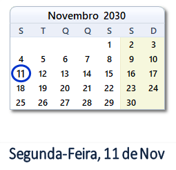 11 Novembro 2030 calendario