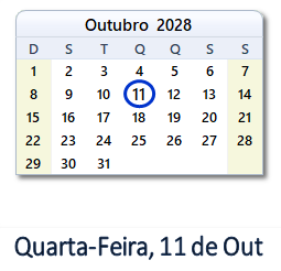 11 Outubro 2028 calendario