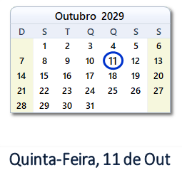 11 Outubro 2029 calendario