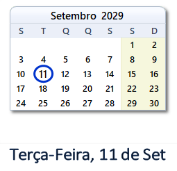 11 Setembro 2029 calendario