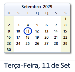 11 Setembro 2029 calendario