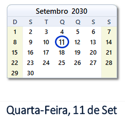 11 Setembro 2030 calendario