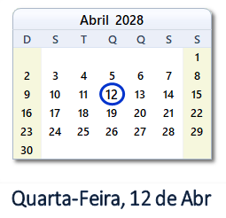 12 Abril 2028 calendario