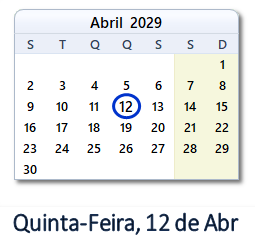 12 Abril 2029 calendario
