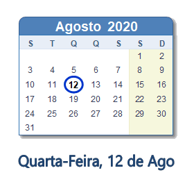 12 Agosto 2020 calendario