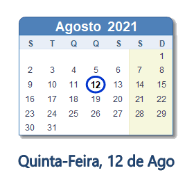 12 Agosto 2021 calendario