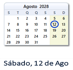 12 Agosto 2028 calendario