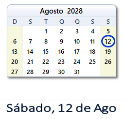 12 Agosto 2028 calendario