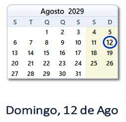 12 Agosto 2029 calendario