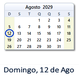 12 Agosto 2029 calendario