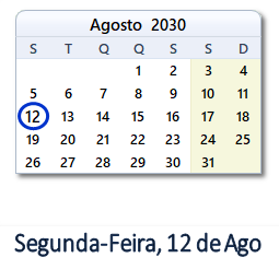 12 Agosto 2030 calendario