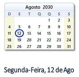 12 Agosto 2030 calendario