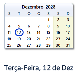 12 Dezembro 2028 calendario