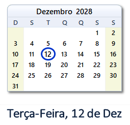 12 Dezembro 2028 calendario
