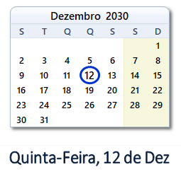 12 Dezembro 2030 calendario