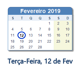12 Fevereiro 2019 calendario