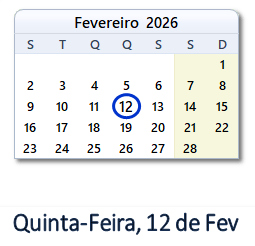 12 Fevereiro 2026 calendario