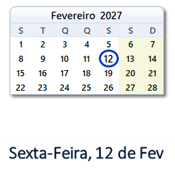 12 Fevereiro 2027 calendario
