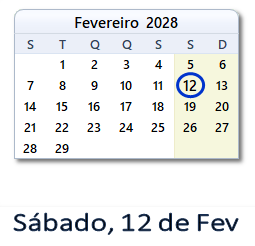 12 Fevereiro 2028 calendario