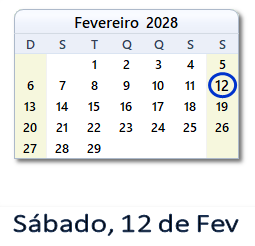 12 Fevereiro 2028 calendario