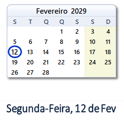 12 Fevereiro 2029 calendario