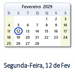 12 Fevereiro 2029 calendario