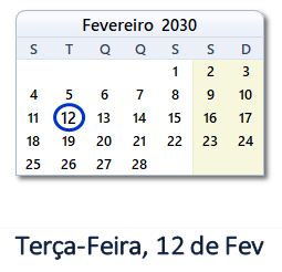 12 Fevereiro 2030 calendario