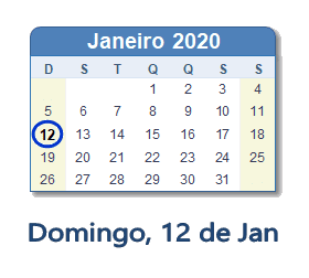 12 Janeiro 2020 calendario