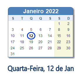 12 Janeiro 2022 calendario