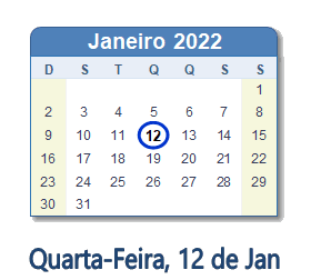 12 Janeiro 2022 calendario