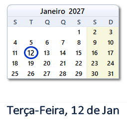 12 Janeiro 2027 calendario