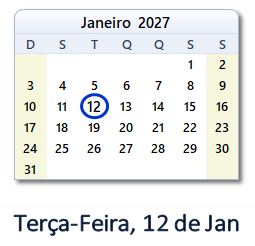 12 Janeiro 2027 calendario