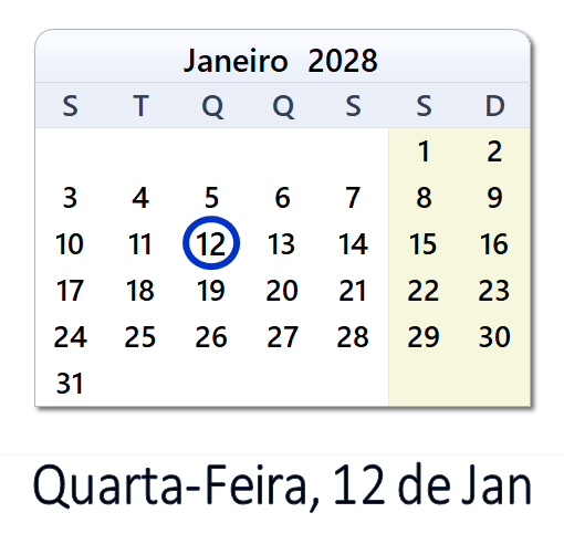 12 de Jan, 2028 Calendário com Feriados e Cont. Regressiva - POR