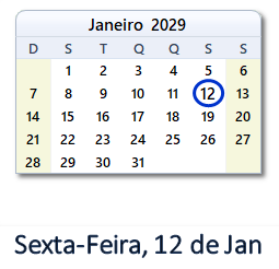12 Janeiro 2029 calendario