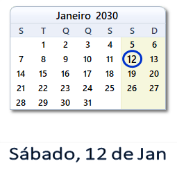 12 Janeiro 2030 calendario