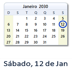 12 Janeiro 2030 calendario