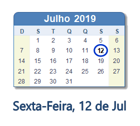 12 Julho 2019 calendario