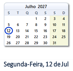 12 Julho 2027 calendario