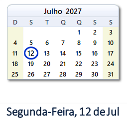 12 Julho 2027 calendario