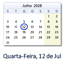 12 Julho 2028 calendario