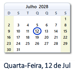12 Julho 2028 calendario